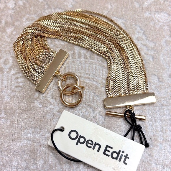 Brand New Open Edit Gold Tone Multi-Strand Chain Toggle Bracelet Statement Cuff - Picture 8 of 14